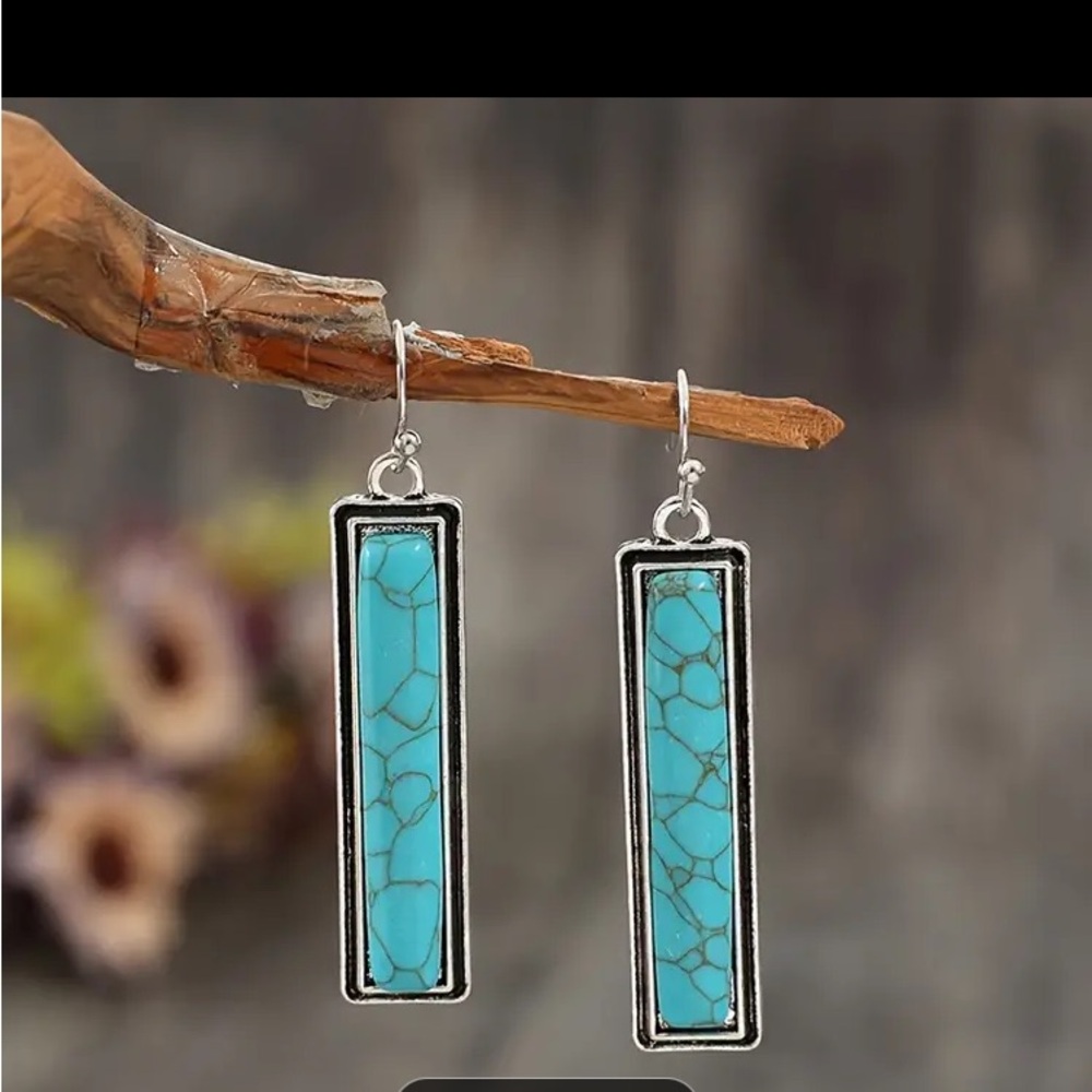 Rectangle Turquoise Dangle Earrings Stainless Ste… - image 1